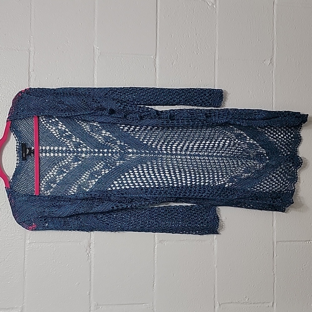 BCBGMAXAZRIA Hand Crochet Open Knit Tunic Sweater XL Blue Rayon
